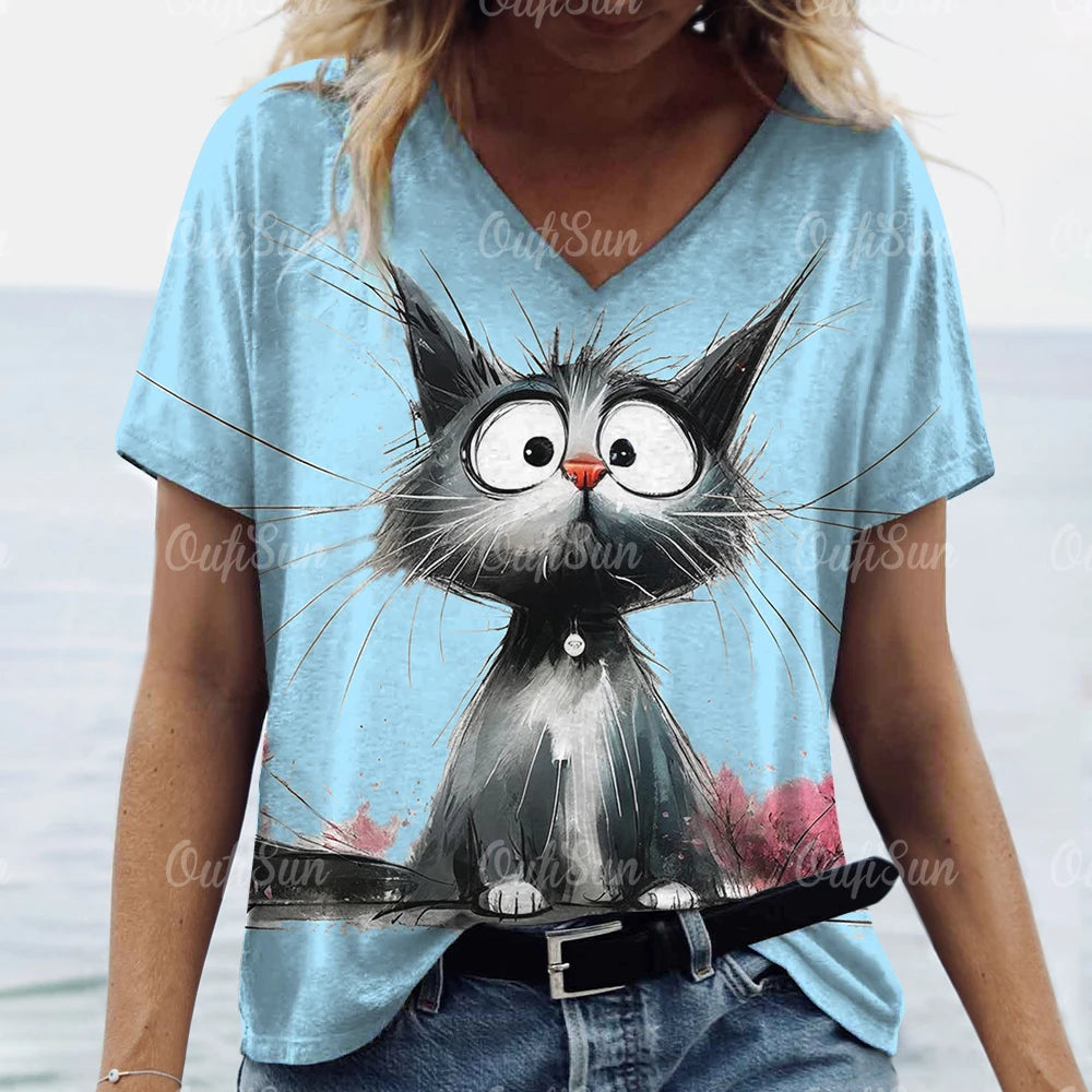 Women’s Oversized Cat Print T-Shirt – Casual Summer Streetwear Top