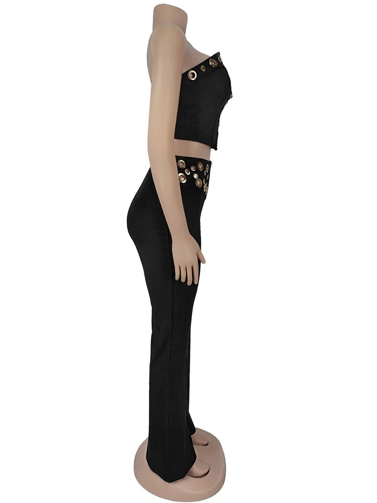 Metal Ring Two-Piece Set – Crop Top & Wide Leg Pants for Women