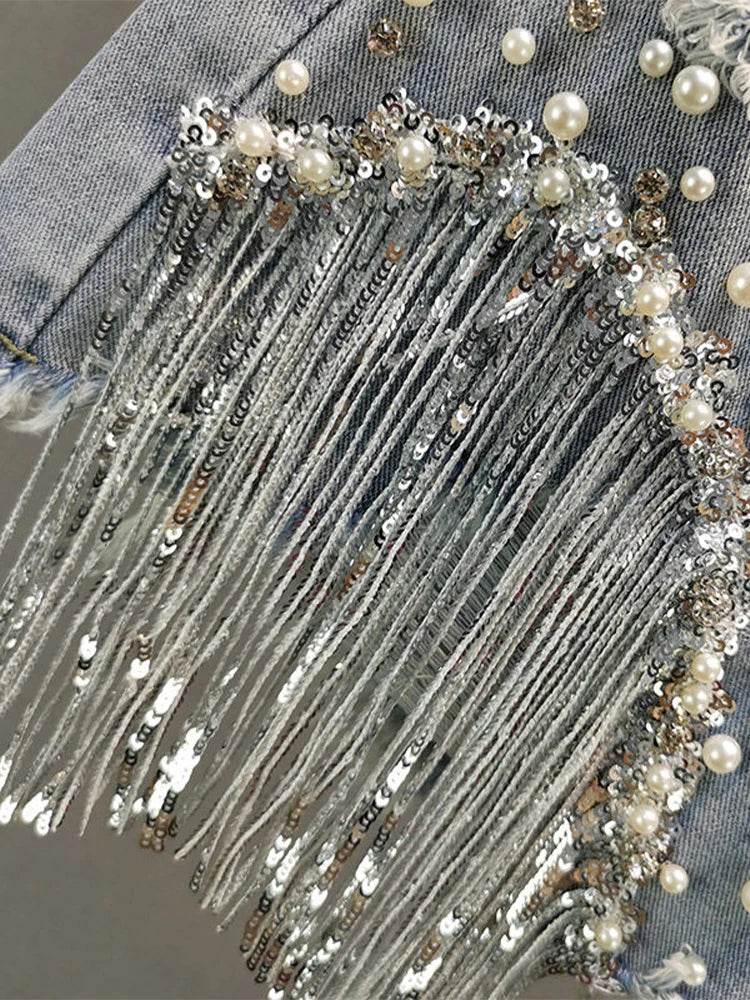 High Waist Beaded Denim Shorts – Tassel Wide-Leg Summer Jeans - Stylemein