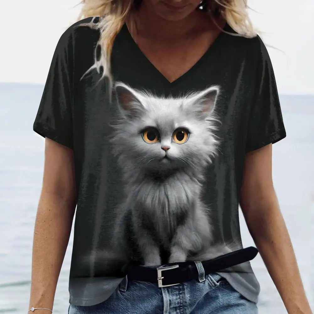 Women’s Oversized Cat Print T-Shirt – Casual Summer Streetwear Top