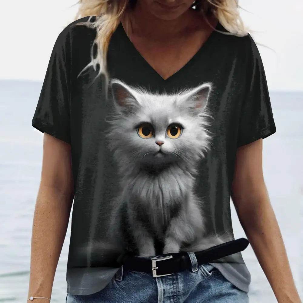 Stylemein - Women’s Oversized Cat Print T-Shirt – Casual Summer Streetwear Top