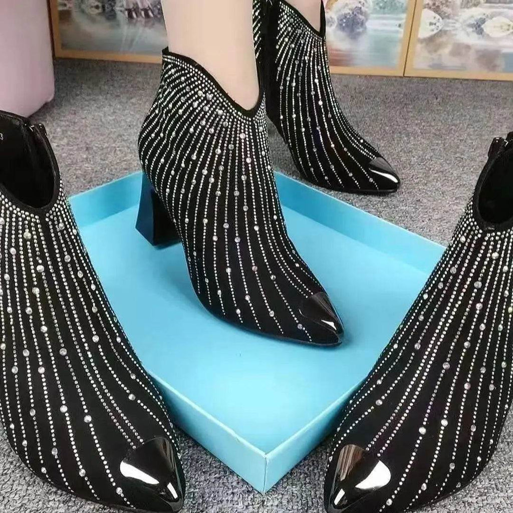 Meteor Rhinestone High Heel Cowboy Boots – Black Pointed-Toe Platform Boots for Women - Stylemein