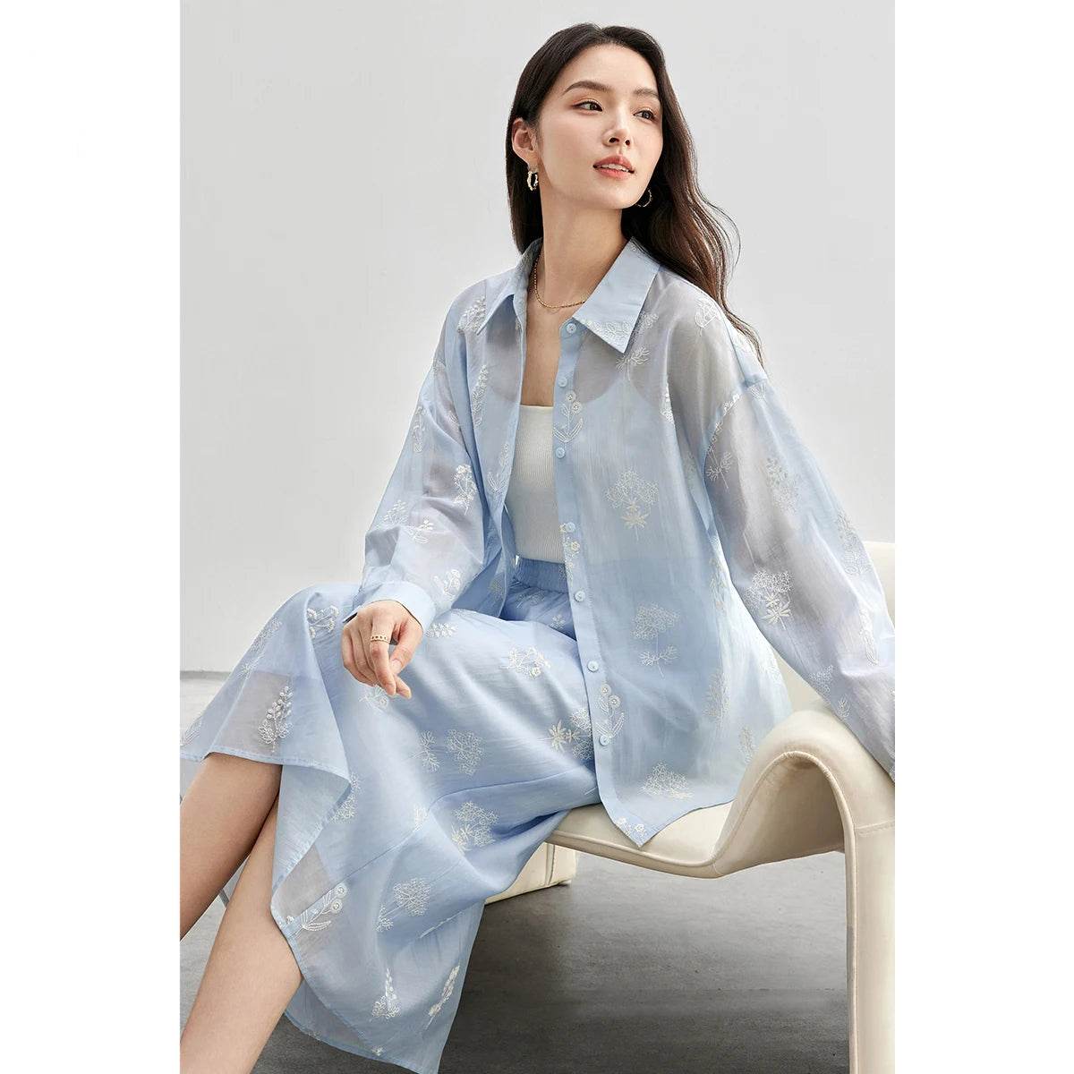 Lace-Up Shirt & Skirt Set – Embroidered Lyocell Two-Piece Outfit. - Stylemein