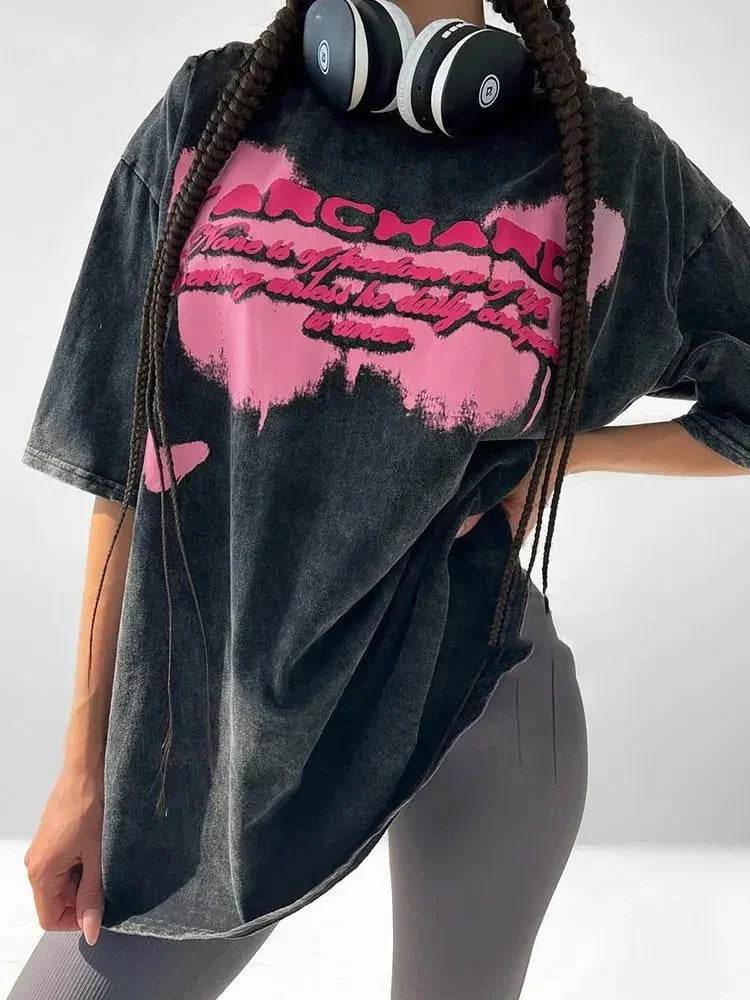 Fierce & Carefree - Vintage Oversized Graphic Tee with Multi Print for Ultimate Summer Vibes - Stylemein