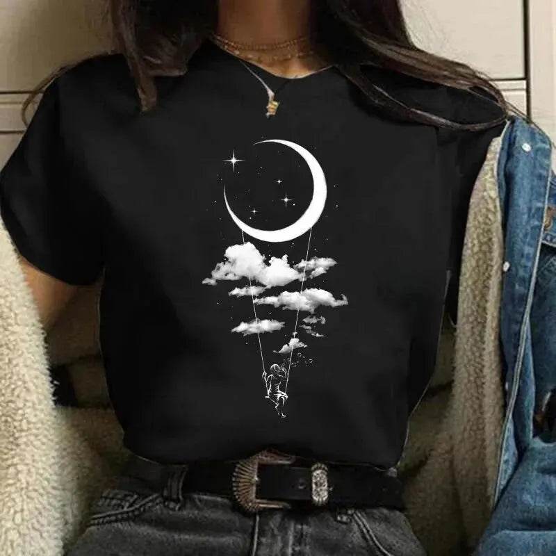 Stylemein - Moon Harajuku 90s Graphic T-Shirt – Cartoon Print Black Casual Kawaii Tee
