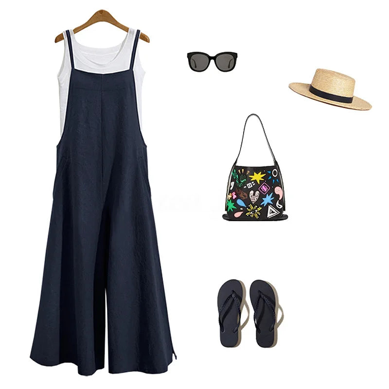 Summer Cotton Linen Jumpsuit – Loose Wide Leg Overalls with Adjustable Straps