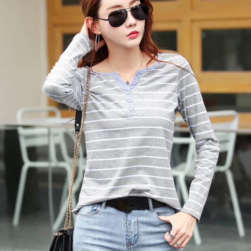 Striped Cotton V-Neck Long Sleeve T-Shirt – Casual Spring/Autumn Tee for Women - Stylemein