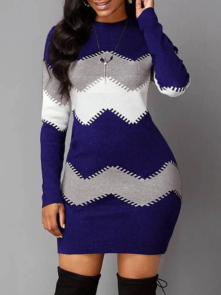 Autumn Women's Elegant O-Neck Slim Knitted Dress with Print – Long Sleeve Bodycon Mini Dress (5XL) - Stylemein