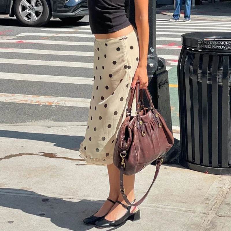 Beige Polka Dot Midi Skirt – Lettuce Trim Elegant A-line Skirt - Stylemein