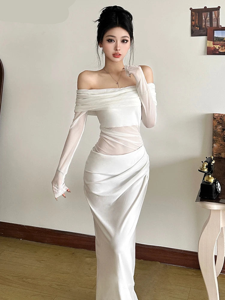 Mesh Ruched Off-Shoulder Maxi Dress – Sexy Sheer Long Sleeve Bodycon Evening Gown for Women