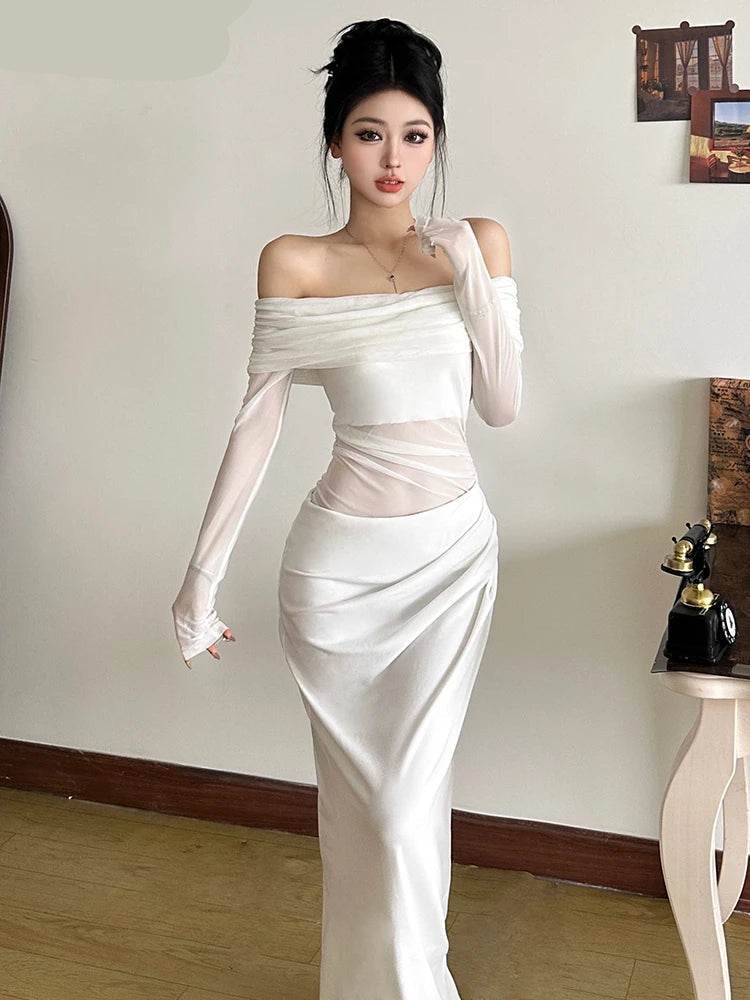 Stylemein - Mesh Ruched Off-Shoulder Maxi Dress – Sexy Sheer Long Sleeve Bodycon Evening Gown for Women