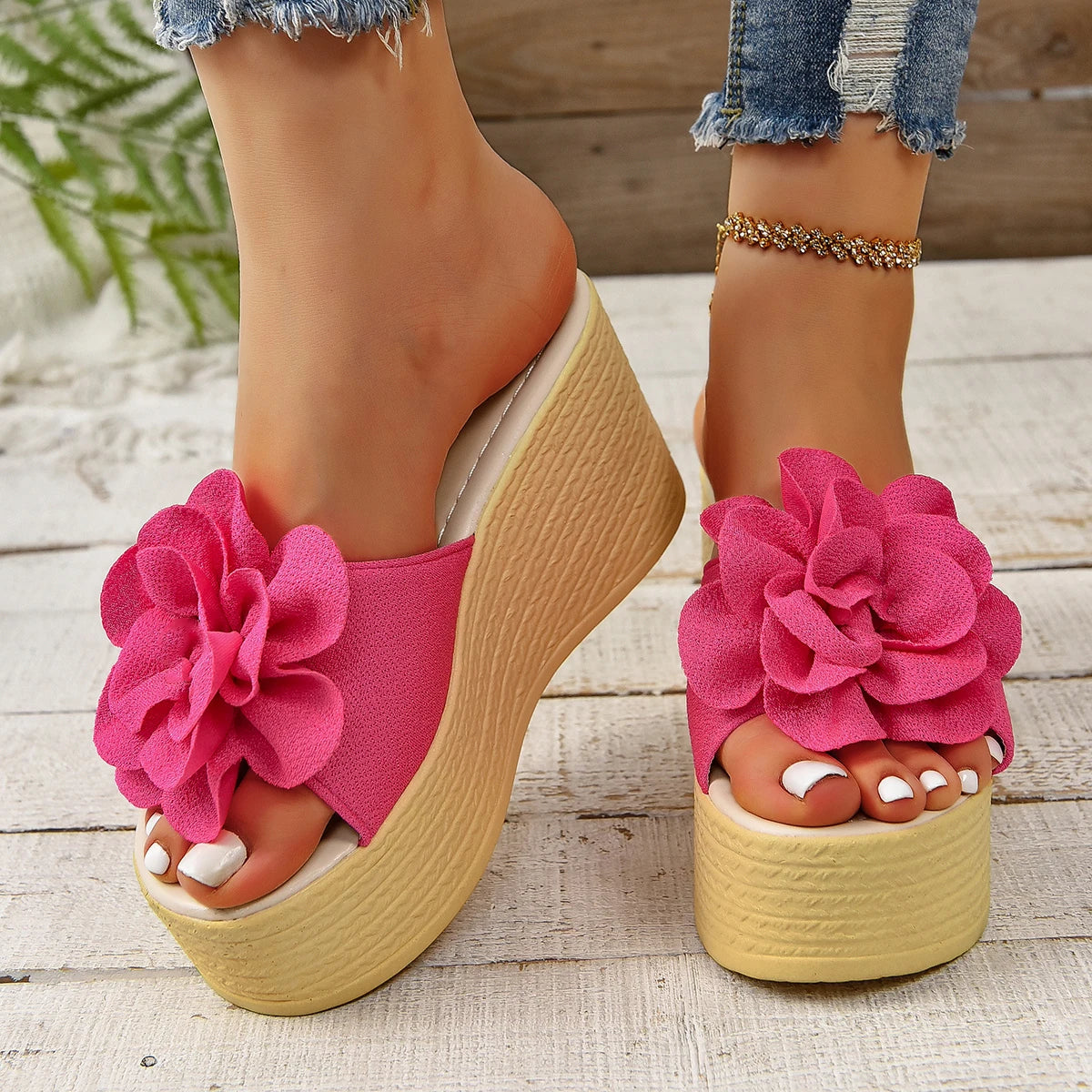 Green & Baby Pink Floral Wedge Slides for Women – 3.5" Platform Heels, Flower Appliqués, Summer Slip-Ons