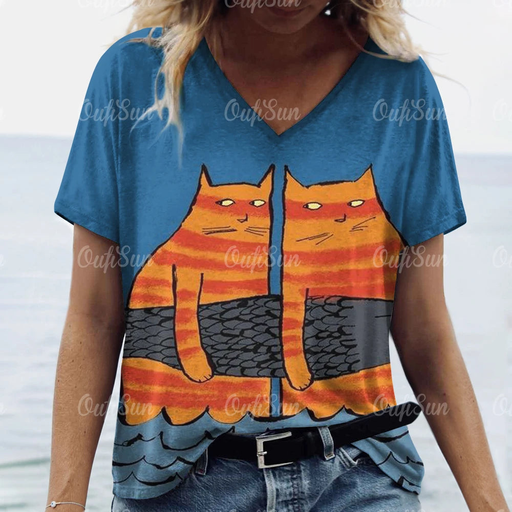Women’s Oversized Cat Print T-Shirt – Casual Summer Streetwear Top