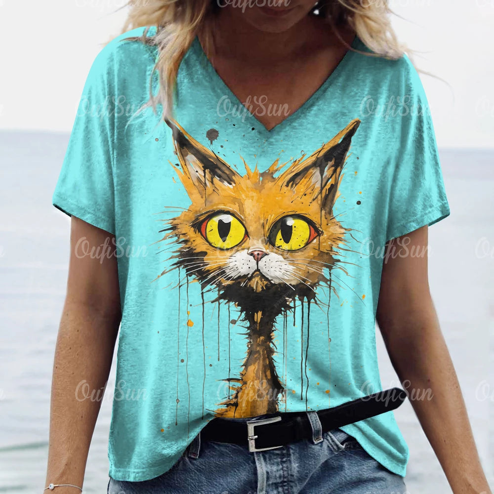 Women’s Oversized Cat Print T-Shirt – Casual Summer Streetwear Top
