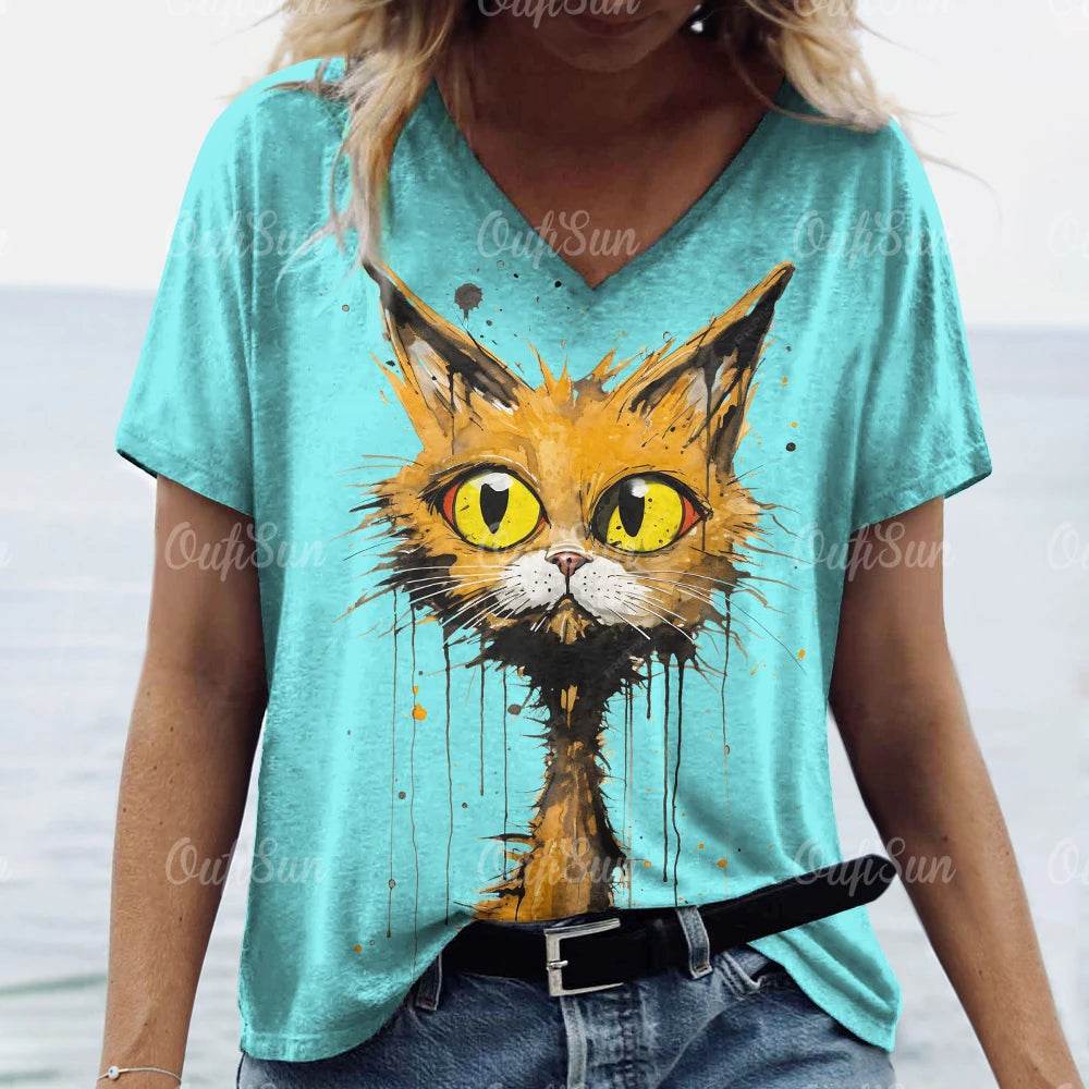 Stylemein - Women’s Oversized Cat Print T-Shirt – Casual Summer Streetwear Top