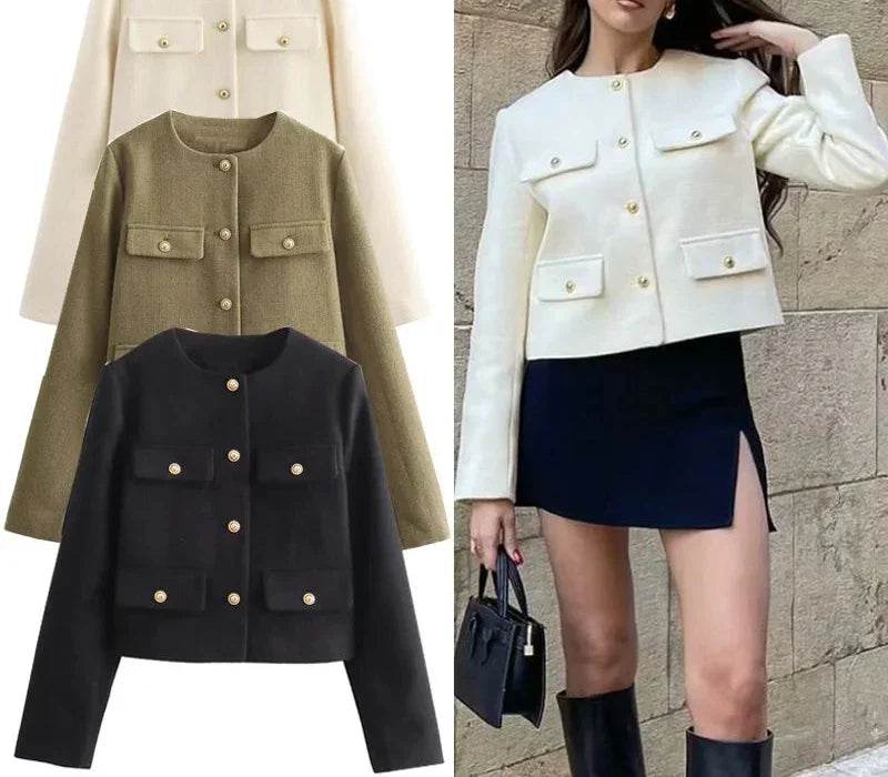 Elegant Cropped Button Jacket: Autumn & Winter Long Sleeve Demi-Season Coat - Stylemein