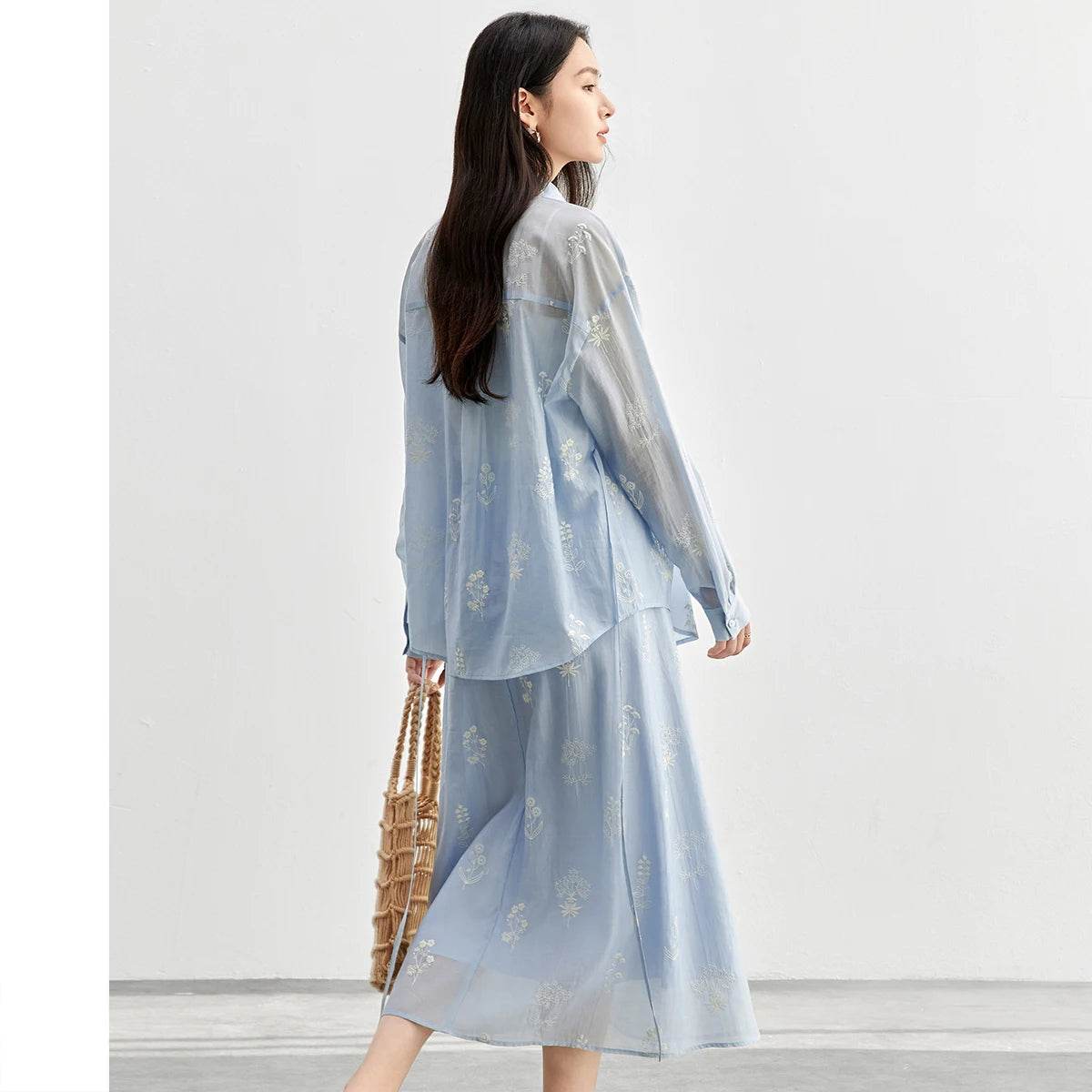 Lace-Up Shirt & Skirt Set – Embroidered Lyocell Two-Piece Outfit. - Stylemein