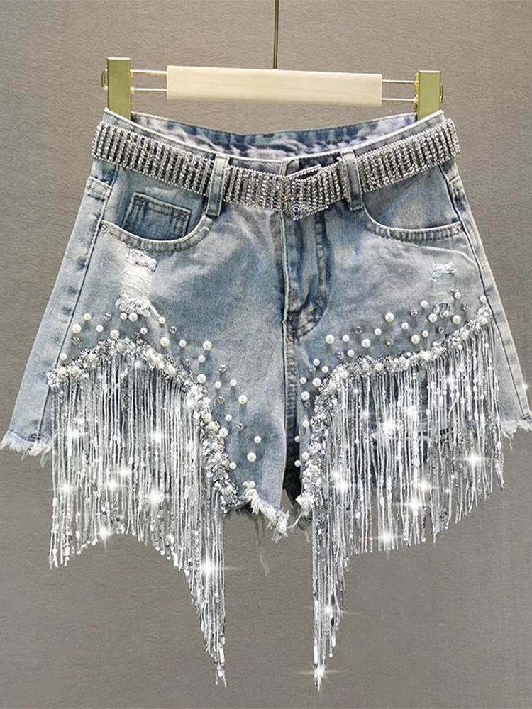 High Waist Beaded Denim Shorts – Tassel Wide-Leg Summer Jeans - Stylemein