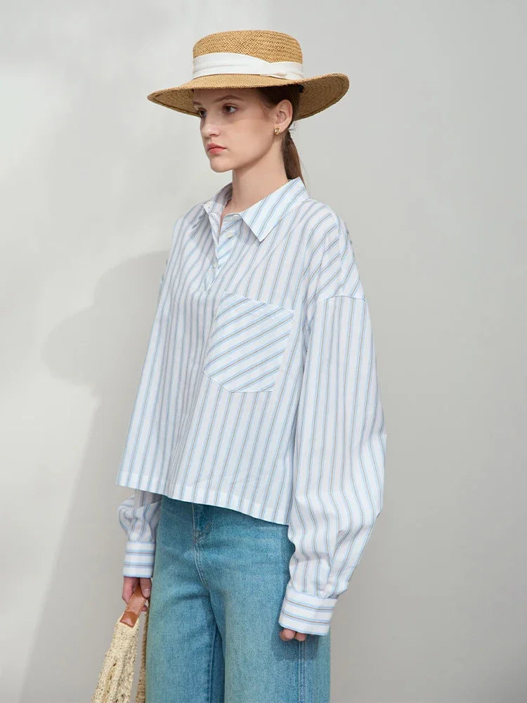Women’s Cotton Striped Shirt – Loose Fit Autumn Casual Fashion Top