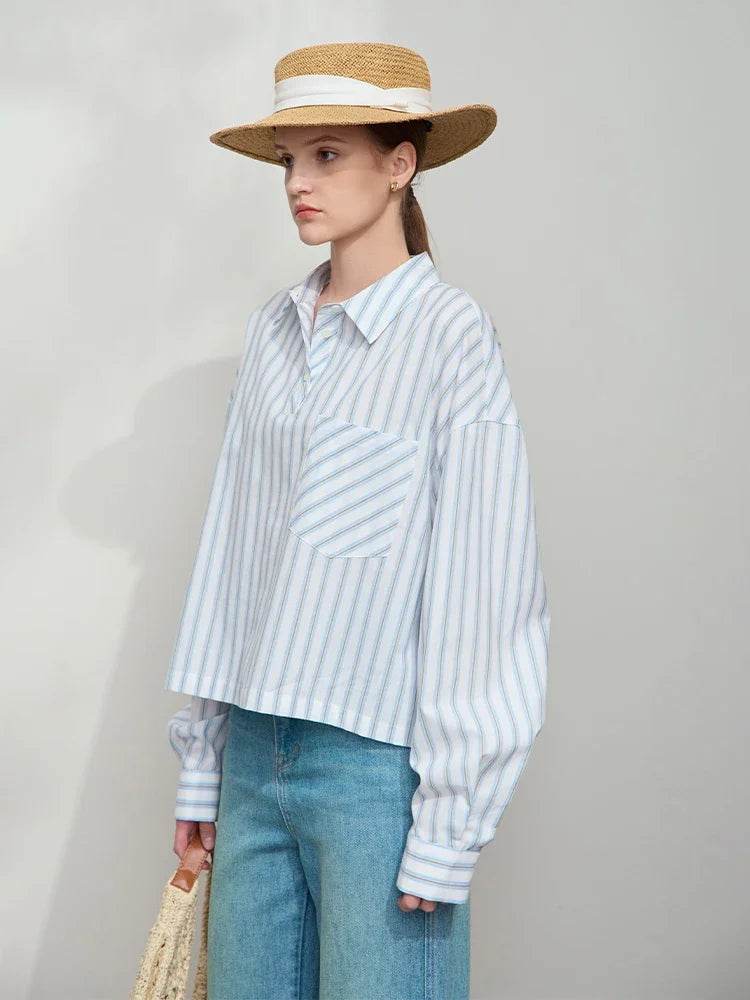 Stylemein - Women’s Cotton Striped Shirt – Loose Fit Autumn Casual Fashion Top