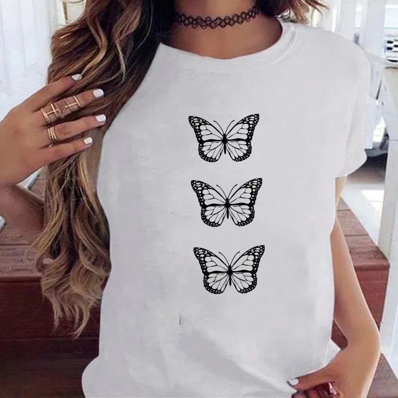 Women’s Butterfly Tree Print Harajuku T-Shirt – Black Round Neck Summer Casual Top