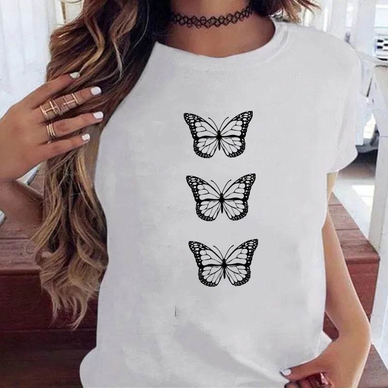 Stylemein - Women’s Butterfly Tree Print Harajuku T-Shirt – Black Round Neck Summer Casual Top