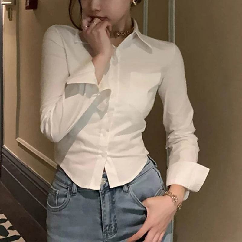 Chic White Button-Down Chiffon Shirt for Women – Long Sleeve Lapel Blouse with Pocket, Cropped Spring Top - Stylemein