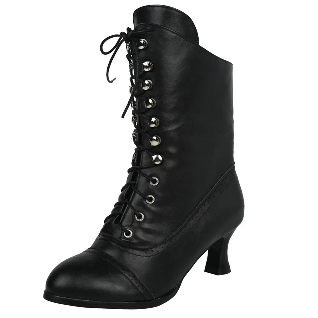 Retro Victorian Lace-Up Ankle Boots – Women’s PU Leather Streetwear Booties - Stylemein