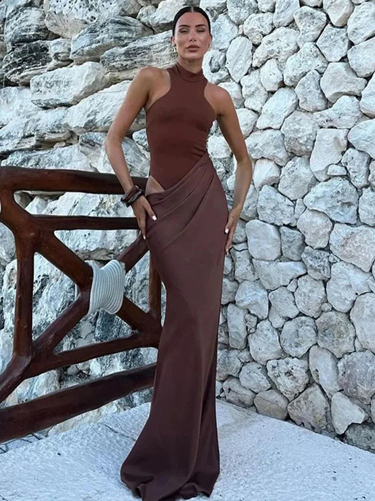"Elegant black satin sleeveless maxi dress for women"

