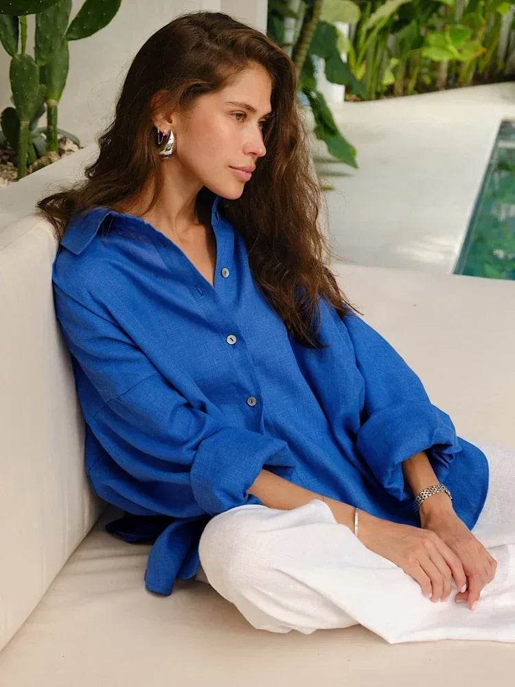 Oversized Cotton Linen Shirt – Women’s Long Sleeve Vintage Blouse - Stylemein