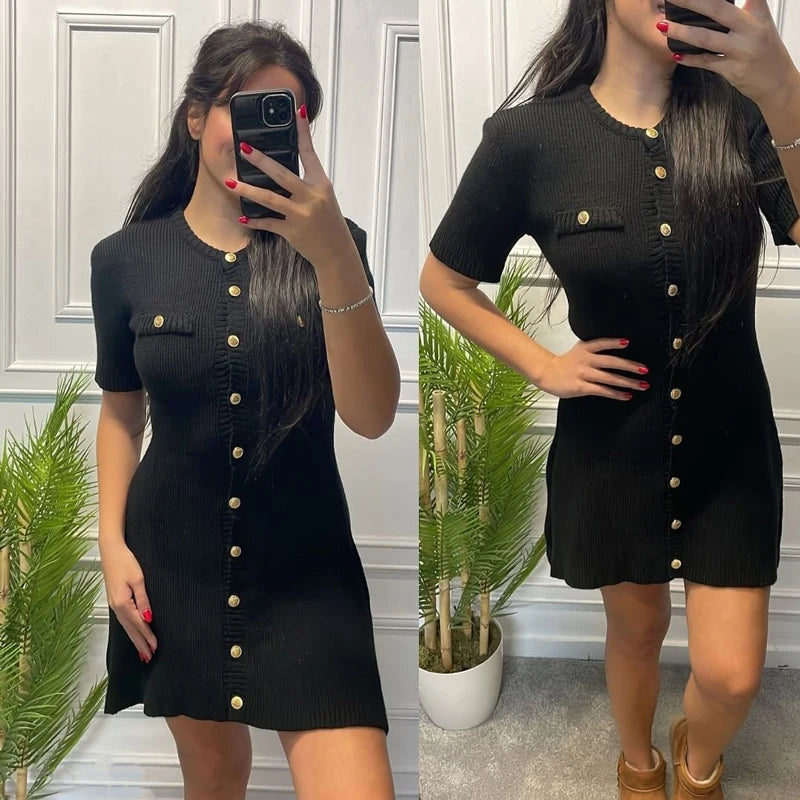 Women’s White Elegant Knitted Mini Dress – Slim Rib Sweater Dress with Metal Buttons for Party & Holiday Wear