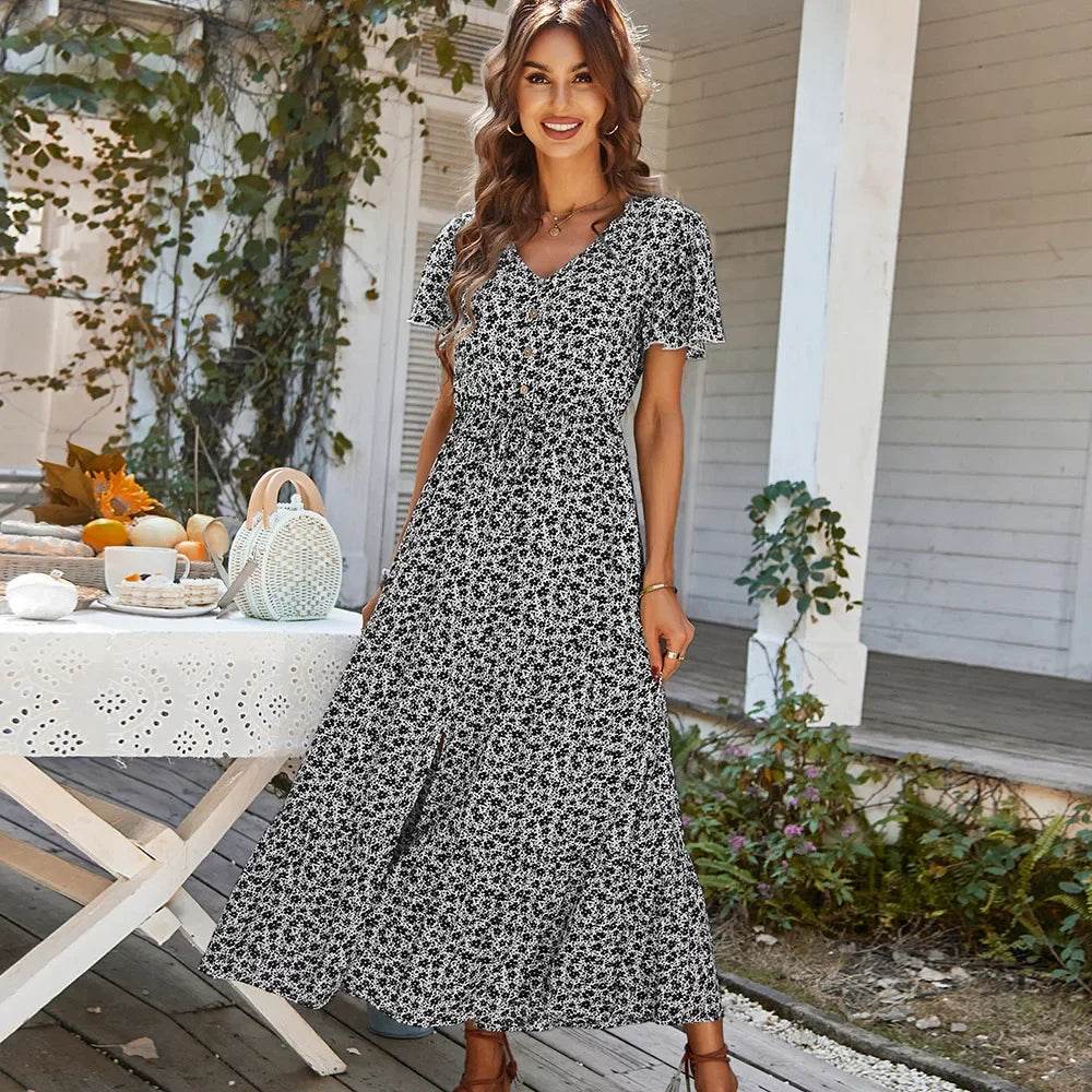 Chic Vintage Floral Summer Dress: Elegant High Waist Slit Maxi for Women - Stylemein