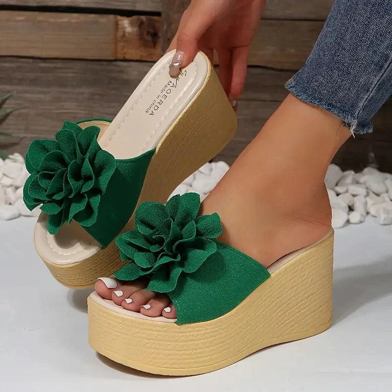 Green and baby pink floral wedge slides for women

