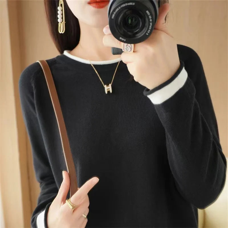 Cotton Knit Sweater – Loose Round Neck Color Block Top