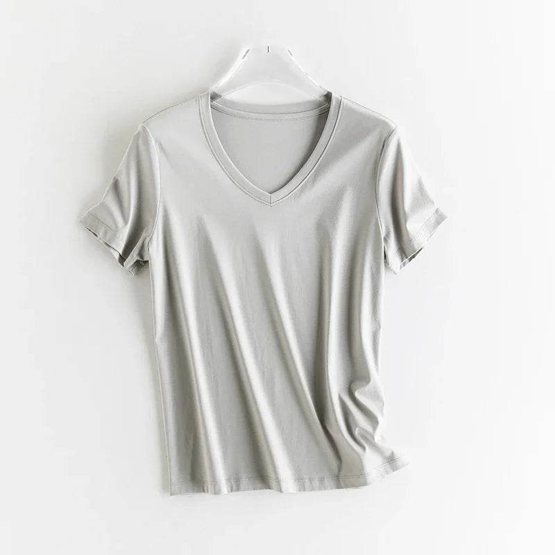 Luxury Silk & Mercerized Cotton Women’s T-Shirt – Short Sleeve Silky Feel V/O-Neck Summer Top - Stylemein