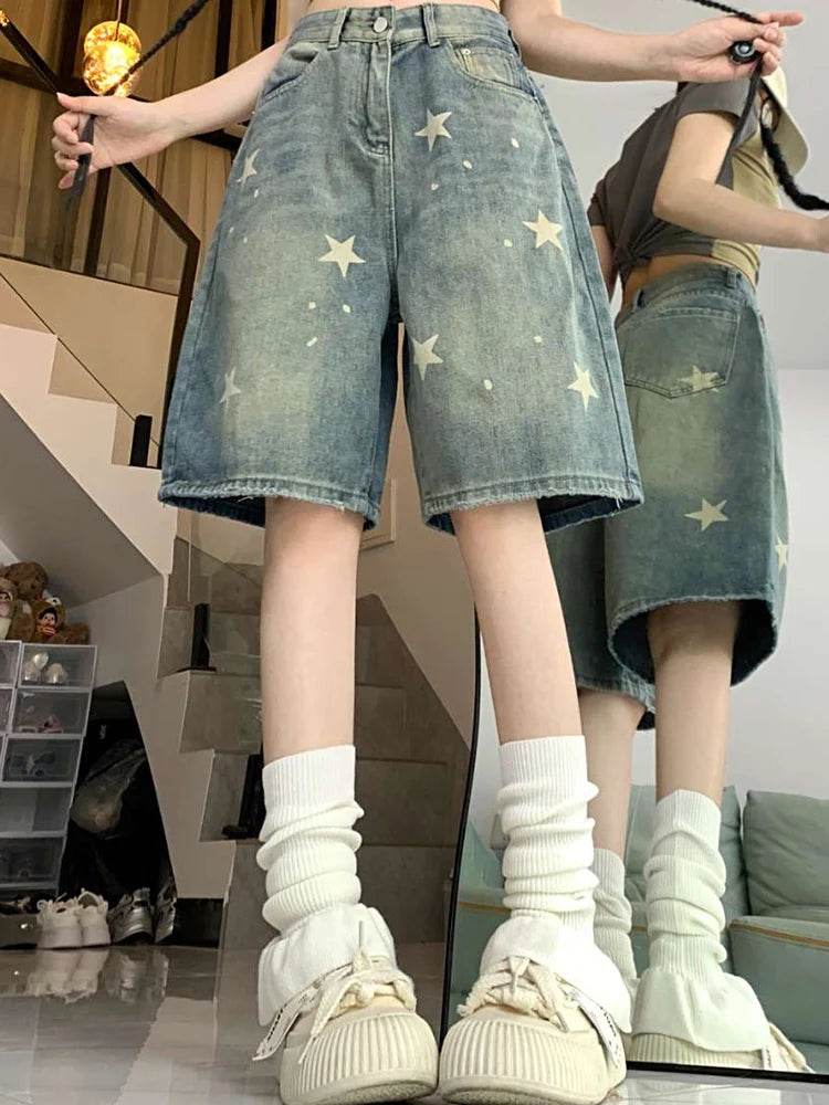 High Waist Retro Wide-Leg Denim Shorts – Washed Knee-Length Street Style - Stylemein