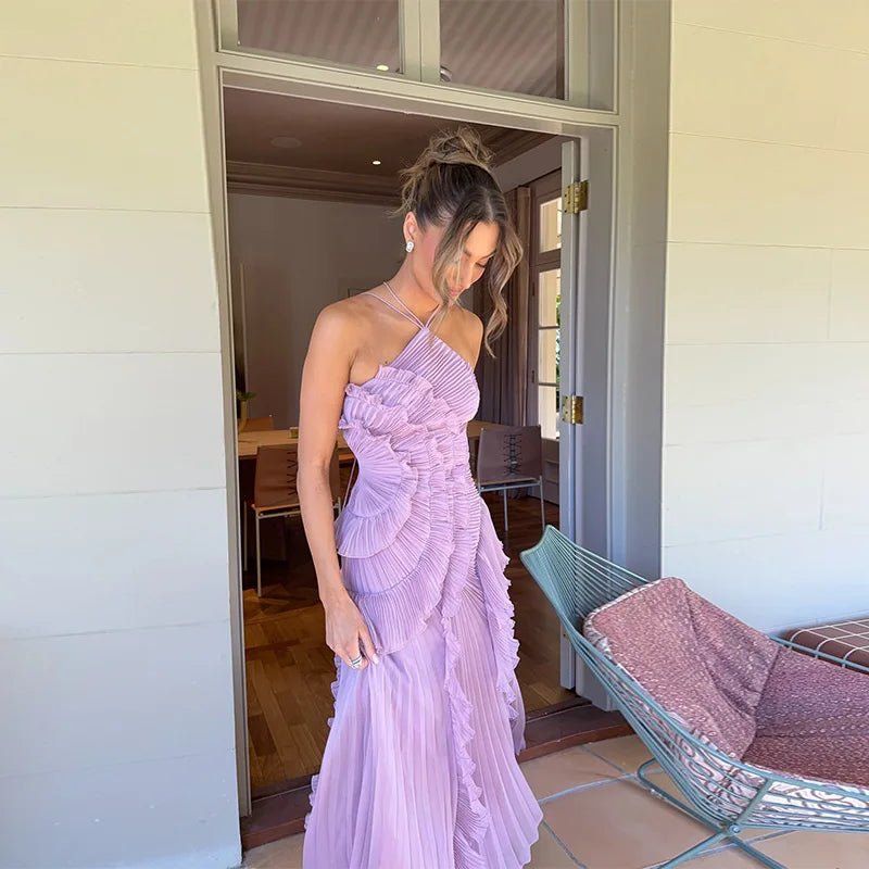 Elegant Purple Halter A-Line Prom Gown – Ruffled Tiered Backless Chiffon Evening Dress.