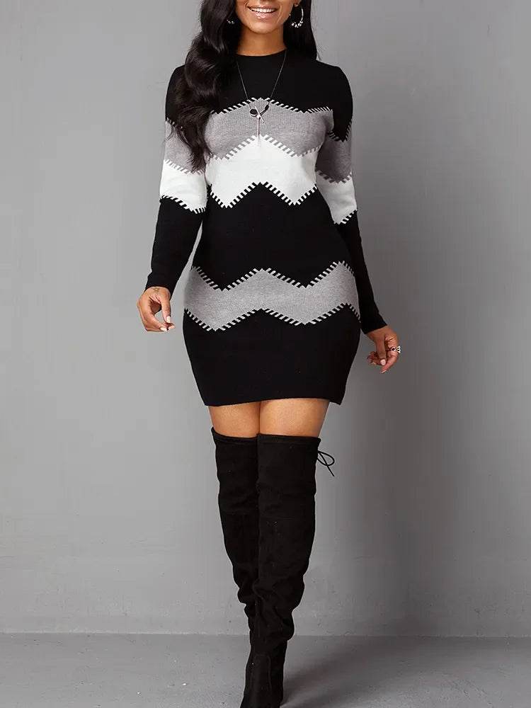 Autumn Women's Elegant O-Neck Slim Knitted Dress with Print – Long Sleeve Bodycon Mini Dress (5XL) - Stylemein