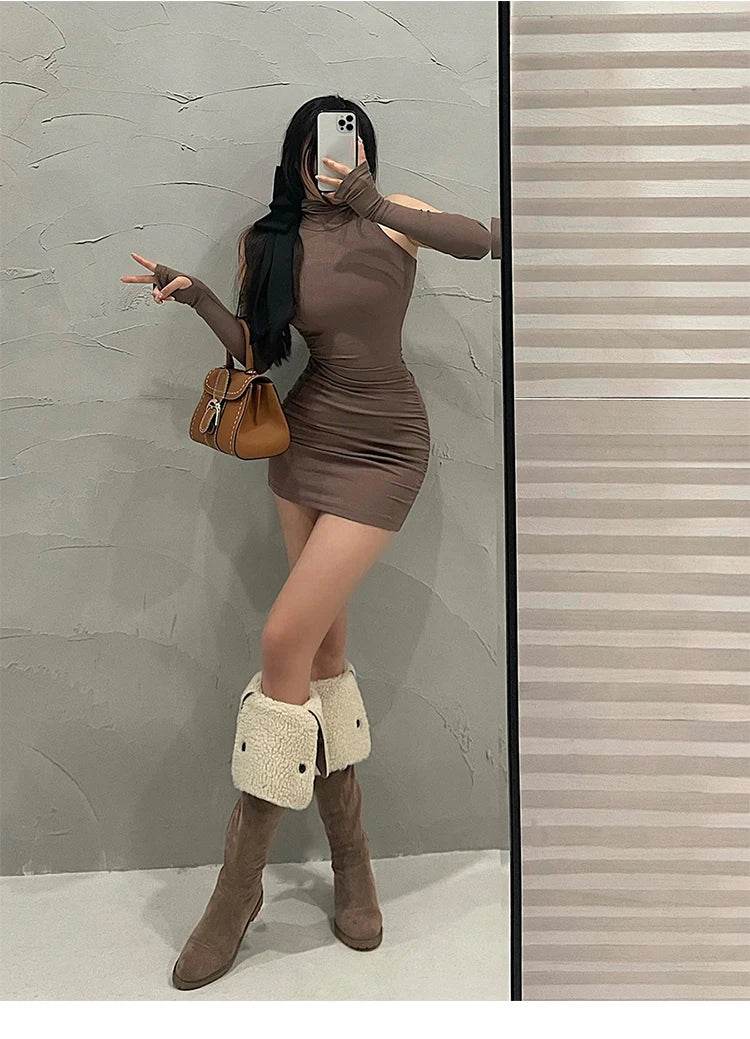 Sexy High Neck Bodycon Dress with Oversleeve & Pleated Bottom | Wrapped Hip Women’s Tight Dress - Stylemein