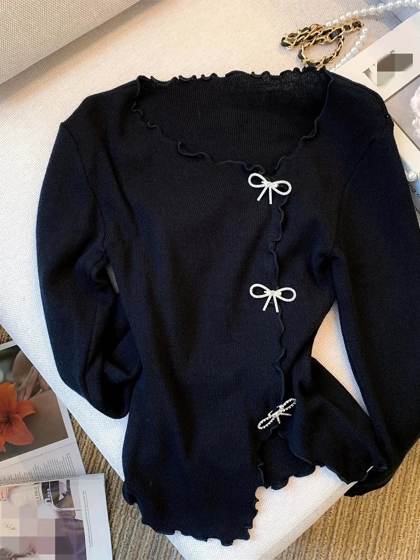 Women’s Y2K Pullover Sweater – Lettuce Trim Bowknot Long Sleeve