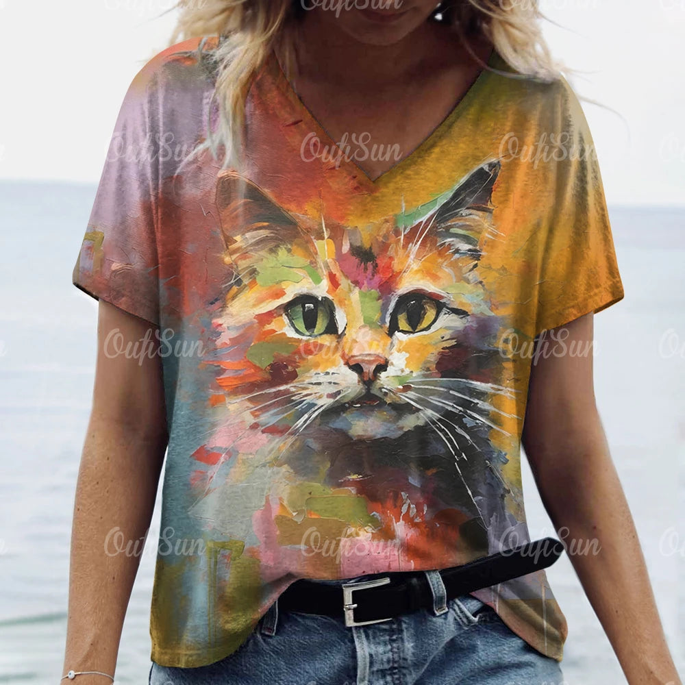 Women’s Oversized Cat Print T-Shirt – Casual Summer Streetwear Top