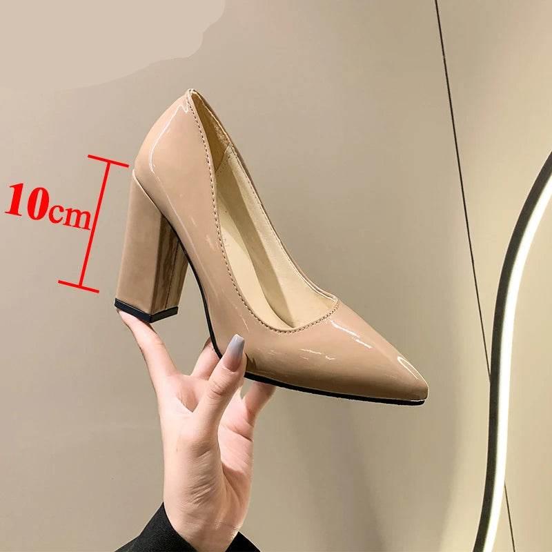 10cm Square Heels – Patent Leather Pumps for Wedding, Party & Office Wear - Stylemein
