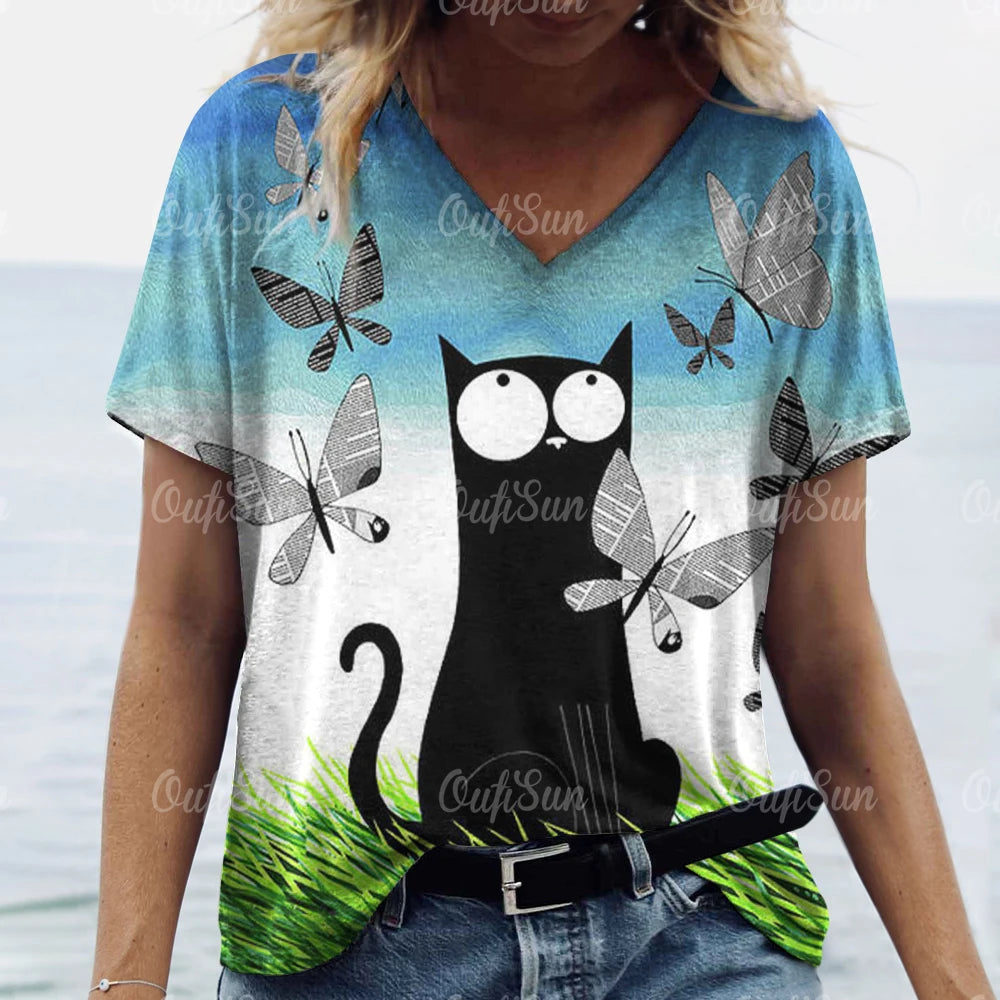 Women’s Oversized Cat Print T-Shirt – Casual Summer Streetwear Top
