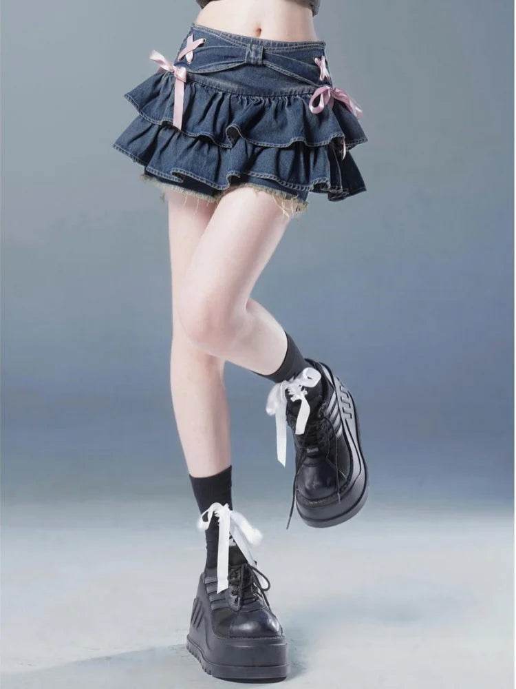 Blue Pleated Denim Mini Skort – A-Line Bow Detail Short Skirt - Stylemein