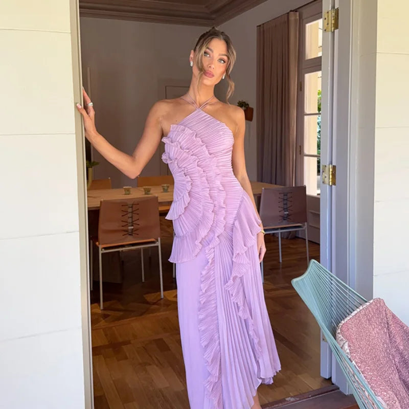 Elegant Purple Halter A-Line Prom Gown – Ruffled Tiered Backless Chiffon Evening Dress.