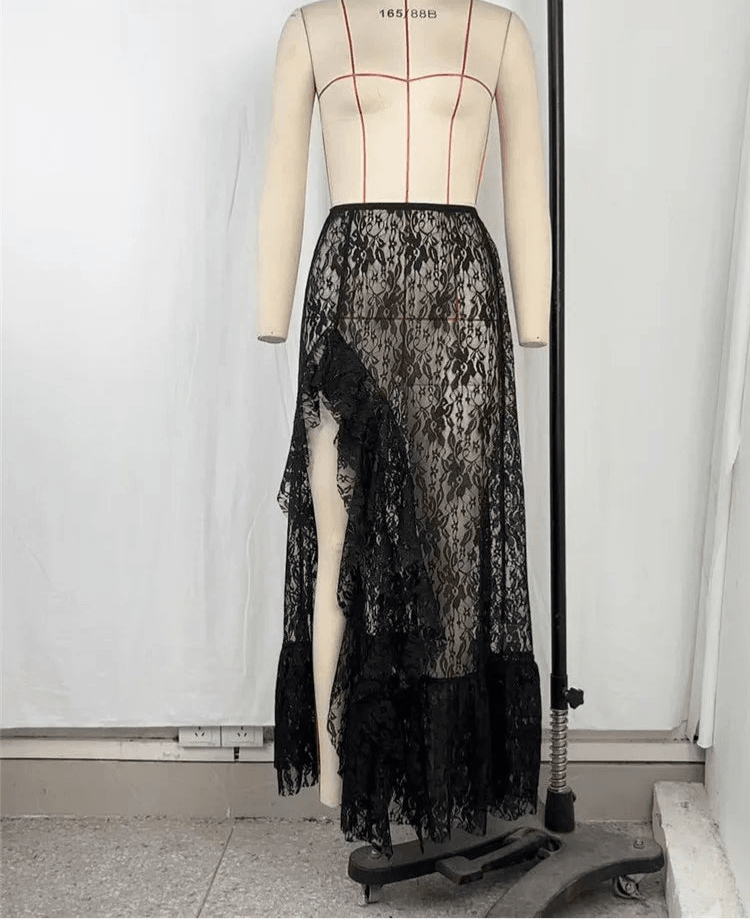Lace Asymmetrical Long Skirt – Sheer Ruffle Slit Skirt for Women - Stylemein