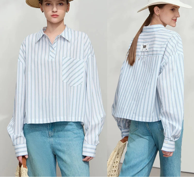 Women’s Cotton Striped Shirt – Loose Fit Autumn Casual Fashion Top