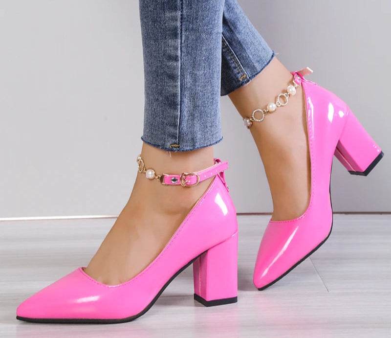 7cm Chunky Heels – Luxury Rhinestone & Pearl Chain Pumps with Pointed Toe, Bling Crystal Dress Shoes - Stylemein