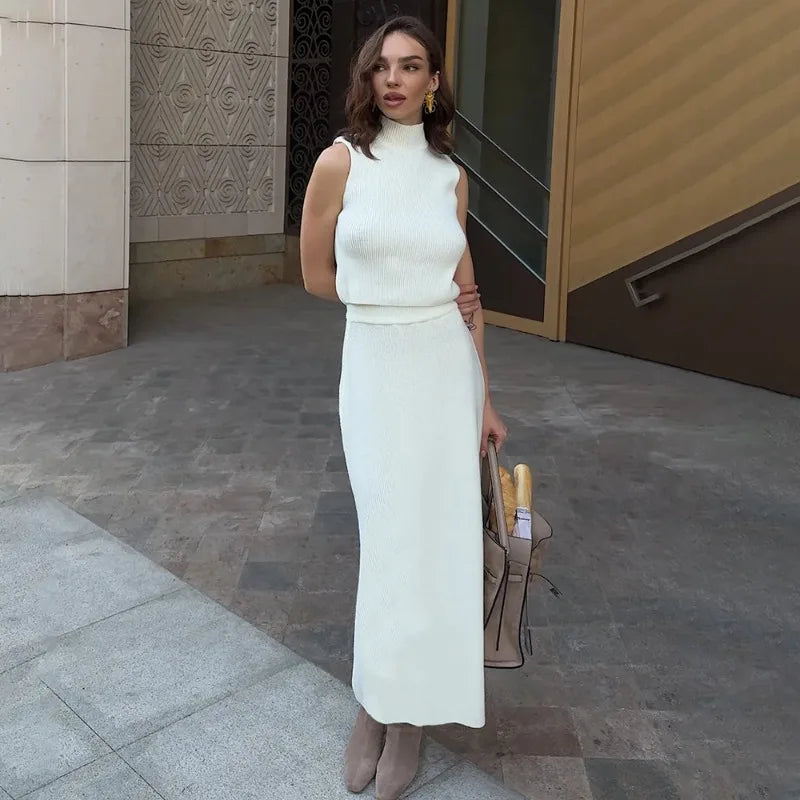 Elegant Knitted Two-Piece Set for Women – Turtleneck Vest & Slim Skirt