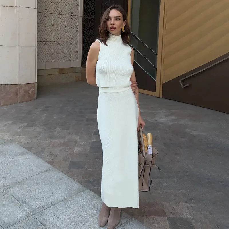 Stylemein - Elegant Knitted Two-Piece Set for Women – Turtleneck Vest & Slim Skirt